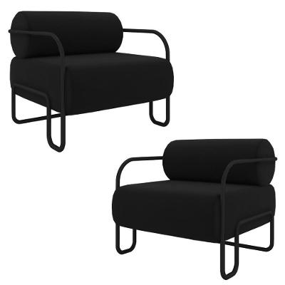 Kit 2 Poltronas Decorativas Sala De Estar Polatsk Base Industrial De Ferro Veludo Preto G33 - Gran Belo