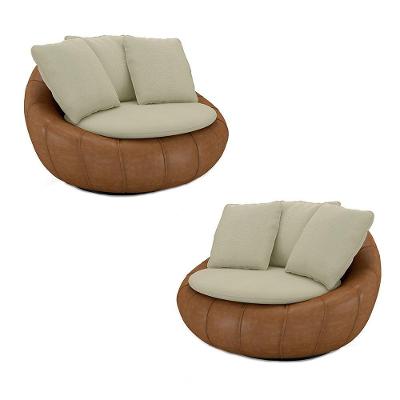 Kit 2 Poltronas Giratória Sala De Estar Com Almofadas Afrodite Bege Caramelo Manchado Linho/pu G45 - Gran Belo