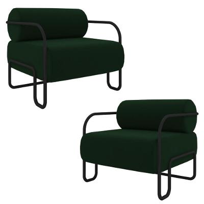 Kit 2 Poltronas Decorativas Sala De Estar Polatsk Base Industrial De Ferro Veludo Verde G33 - Gran Belo