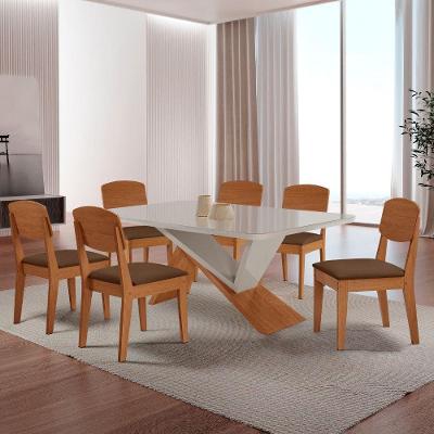 Mesa De Jantar Yasmin Tampo Vidro Canto Copo Com 6 Cadeiras Vel Marrom /off /naturale /serig Off