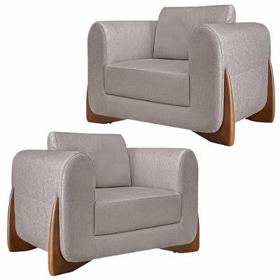 Kit 2 Poltronas Decorativas Pés Em Madeira Buzz Linho Areia Rústico G63 - Gran Belo