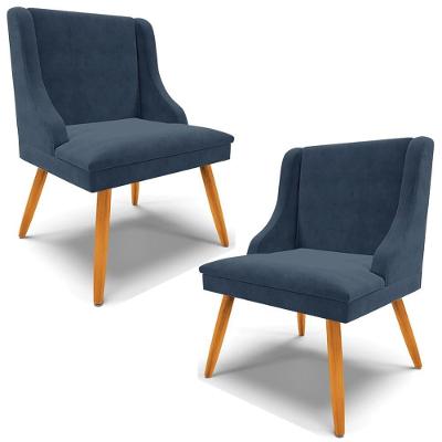 Kit 2 Poltronas Decorativas Pés Palito De Madeira Firenze Suede Azul Marinho/natural G19 - Gran Belo