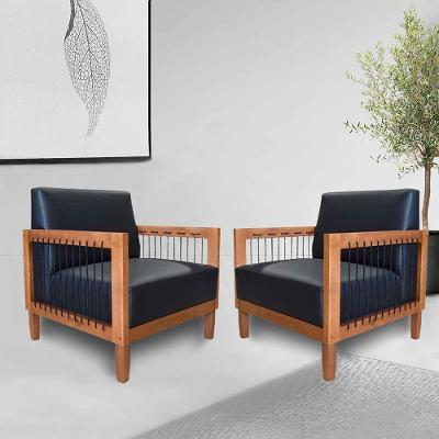 Kit 2 Poltronas Sala De Estar Pés Madeira Maciça Corda Náutica Preta 75cm Manila Pu Preto G63 - Gran Belo