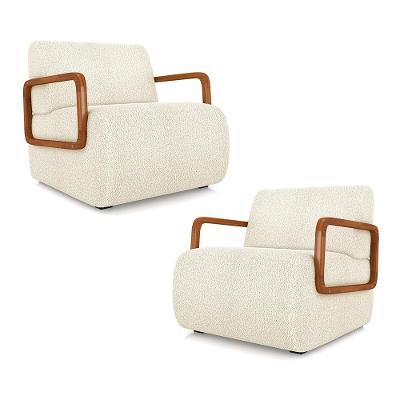 Kit 2 Poltronas Decorativa Sala De Estar Odessa Braços Em Madeira Bouclê Off White G33 - Gran Belo