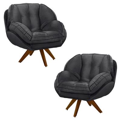 Kit 2 Poltronas Decorativas Base Em Madeira Giratória Giroud Veludo Cinza Chumbo G33 - Gran Belo