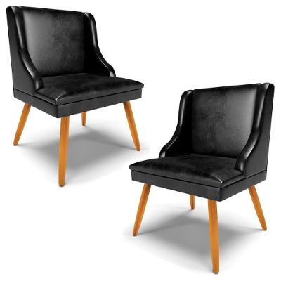 Kit 2 Poltronas Decorativas Pés Palito De Madeira Firenze Pu Preto Brilho/natural G19 - Gran Belo