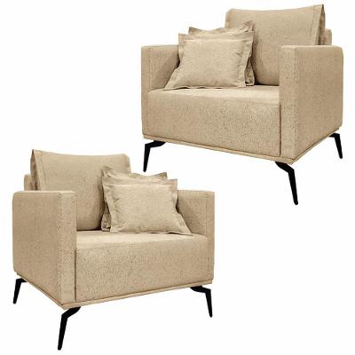 Kit 2 Poltronas Decorativas Pés Em Aço Stagno Linho Bege G63 - Gran Belo