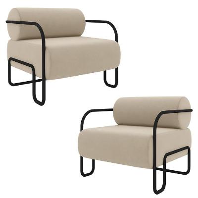 Kit 2 Poltronas Decorativas Sala De Estar Polatsk Base Industrial De Ferro Veludo Bege G33 - Gran Belo