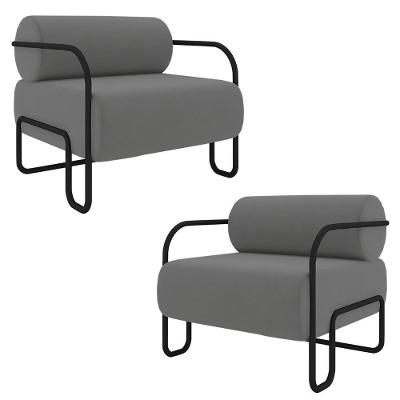 Kit 2 Poltronas Decorativas Sala De Estar Polatsk Base Industrial De Ferro Veludo Cinza G33 - Gran Belo