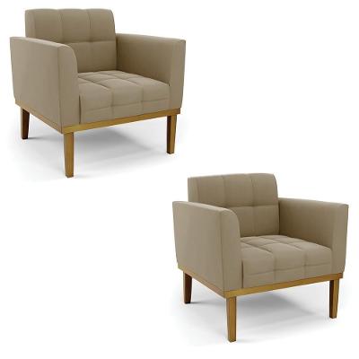 Kit 2 Poltronas Decorativas Karen Pés Fixo Em Madeira Castanho Suede Nude G19 - Gran Belo