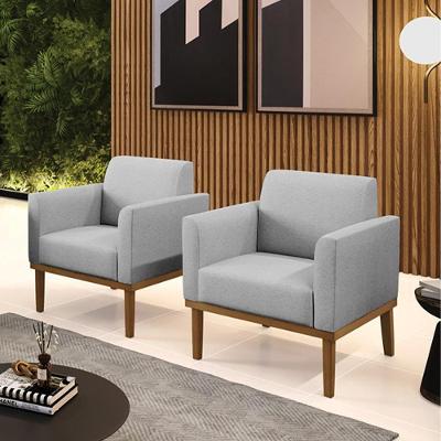 Kit 2 Poltronas Decorativas Isabella Pés Fixo Em Madeira Castanho Linho Cinza G19 - Gran Belo