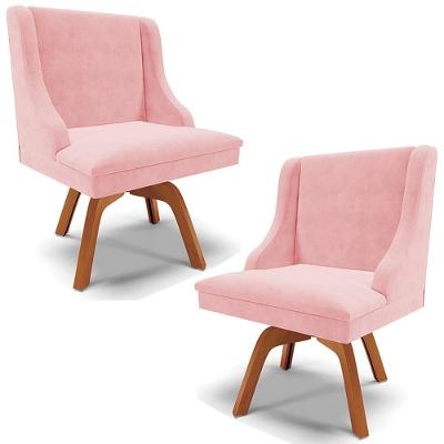 Kit 2 Poltronas Decorativas Base Giratória De Madeira Firenze Suede Rosa Bebê/natural G19 - Gran Belo