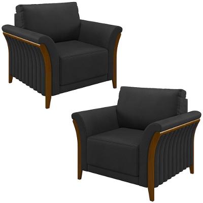 Kit 2 Poltronas Decorativas Pés Em Madeira Market Pu Preto G45 - Gran Belo