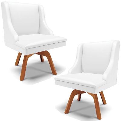 Kit 2 Poltronas Decorativas Base Giratória De Madeira Firenze Pu Branco Fosco/natural G19 - Gran Belo