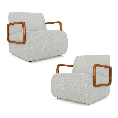 Kit 2 Poltronas Decorativa Sala De Estar Odessa Braços Em Madeira Bouclê Cinza Claro G33 - Gran Belo