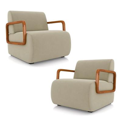 Kit 2 Poltronas Decorativa Sala De Estar Odessa Braços Em Madeira Veludo Bege G33 - Gran Belo