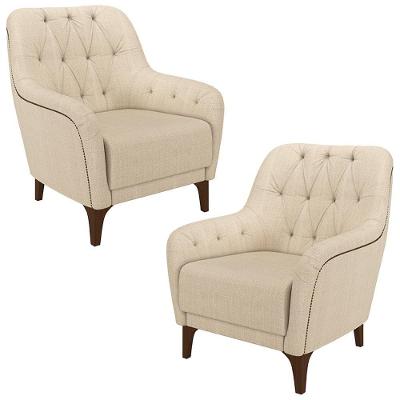 Kit 2 Poltronas Decorativas Pés Em Madeira Petra Linho Champagne G45 - Gran Belo