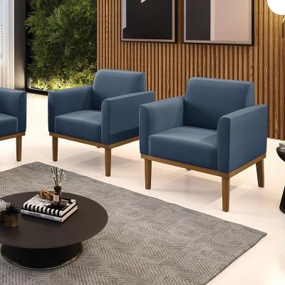 Kit 2 Poltronas Decorativas Isabella Pés Fixo Em Madeira Castanho Suede Azul Marinho G19 - Gran Belo
