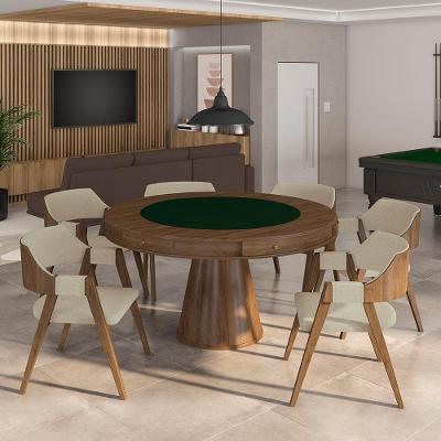 Mesa De Jogos Carteado Bellagio Tampo Reversível Verde E 6 Cadeiras Madeira Poker Base Cone Linho Offwhite/nogueira