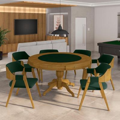 Mesa De Jogos Carteado Bellagio Tampo Reversível 6 Cadeiras Madeira Poker Base Estrela Veludo Verde/mel G42 - Gran Belo