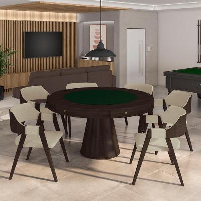 Mesa De Jogos Carteado Bellagio Tampo Reversível Verde E 6 Cadeiras Madeira Poker Base Cone Linho Offwhite/capuccino