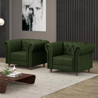 Kit 2 Poltronas Decorativas Sala De Estar Stanford Chesterfield Pés De Madeira Couro Verde Manchado G58 - Gran Belo