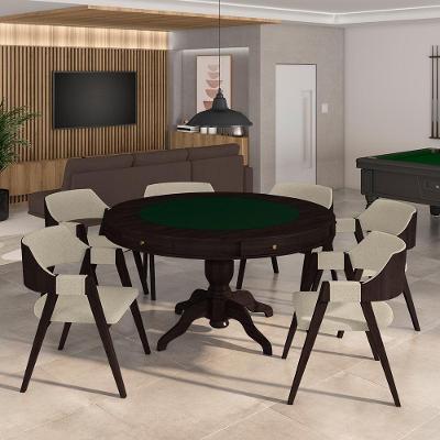 Mesa De Jogos Carteado Bellagio Tampo Reversível Verde E 6 Cadeiras Madeira Poker Base Estrela Linho Offwhite/tabaco