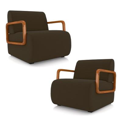 Kit 2 Poltronas Decorativa Sala De Estar Odessa Braços Em Madeira Veludo Marrom G33 - Gran Belo