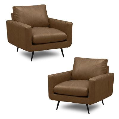Kit 2 Poltronas Decorativas Paloma Sala De Estar Pés Em Aço Couro Marrom Claro Manchado G88 - Gran Belo