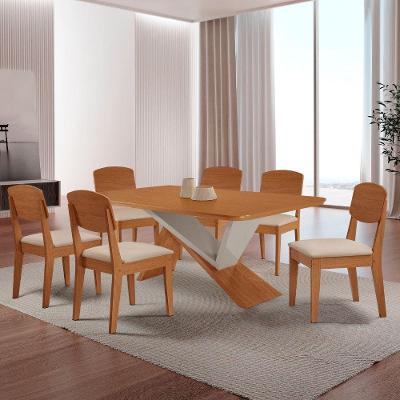 Mesa De Jantar Yasmin Tampo Laminado Canto Copo E 6 Cadeiras Veludo Creme/naturale/off White