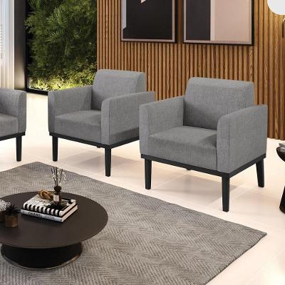 Kit 2 Poltronas Decorativas Isabella Pés Fixo Em Madeira Preto Linho Cinza Mesclado G19 - Gran Belo