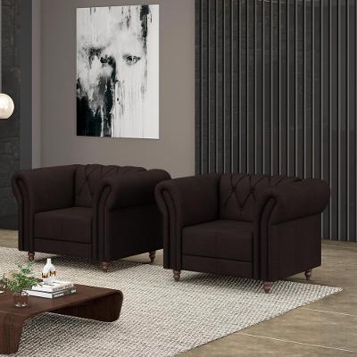 Kit 2 Poltronas Decorativas Sala De Estar Stanford Chesterfield Pés De Madeira Couro Marrom G58 - Gran Belo