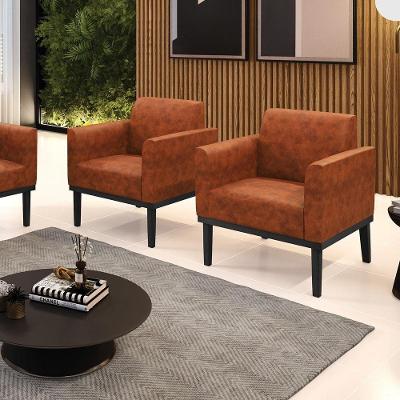 Kit 2 Poltronas Decorativas Isabella Pés Fixo Em Madeira Preto Pu Nozes G19 - Gran Belo