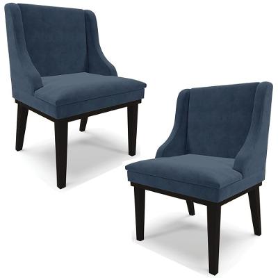 Kit 2 Poltronas Decorativas Base Fixa De Madeira Firenze Suede Azul Marinho/preto G19 - Gran Belo