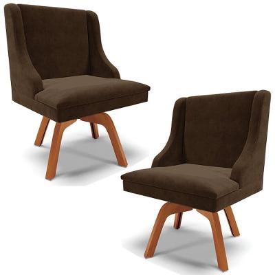 Kit 2 Poltronas Decorativas Base Giratória De Madeira Firenze Suede Marrom/natural G19 - Gran Belo