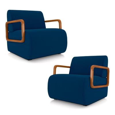 Kit 2 Poltronas Decorativa Sala De Estar Odessa Braços Em Madeira Veludo Azul G33 - Gran Belo