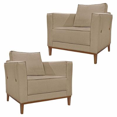 Kit 2 Poltronas Decorativas Pés Em Madeira Tarantino Linho Bege G63 - Gran Belo