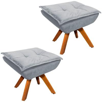 Kit 2 Puff's Decorativos Base Giratória Em Madeira Charger Suede Cinza G19 - Gran Belo