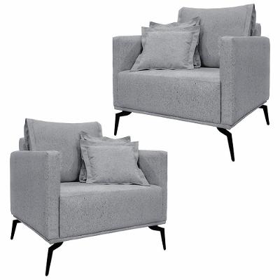Kit 2 Poltronas Decorativas Pés Em Aço Stagno Linho Cinza G63 - Gran Belo