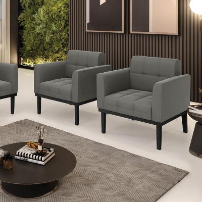 Kit 2 Poltronas Decorativas Karen Pés Fixo Em Madeira Preto Suede Grafite G19 - Gran Belo