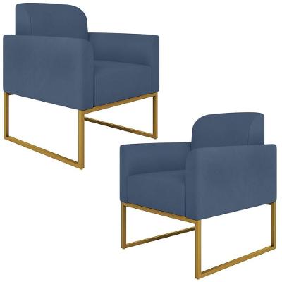 Kit 2 Poltronas Decorativas Isabella Base Industrial Suede Azul Marinho/dourado G19