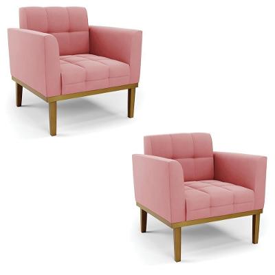 Kit 2 Poltronas Decorativas Karen Pés Fixo Em Madeira Castanho Suede Rose G19 - Gran Belo