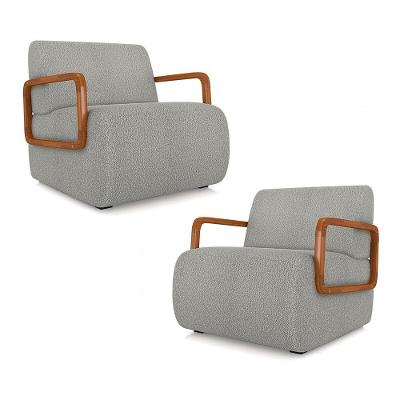 Kit 2 Poltronas Decorativa Sala De Estar Odessa Braços Em Madeira Bouclê Cinza G33 - Gran Belo