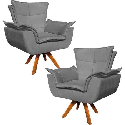 Kit 2 Poltronas Decorativas Base Giratória Em Madeira Charger Suede Grafite G19 - Gran Belo