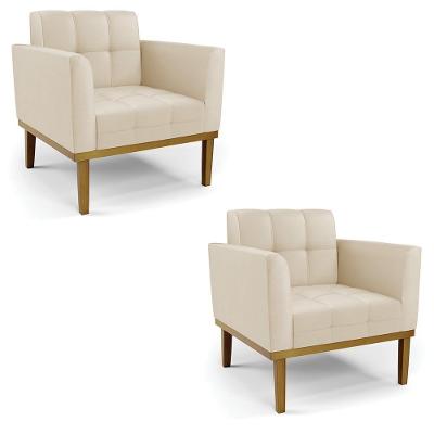Kit 2 Poltronas Decorativas Karen Pés Fixo Em Madeira Castanho Pu Bege G19 - Gran Belo