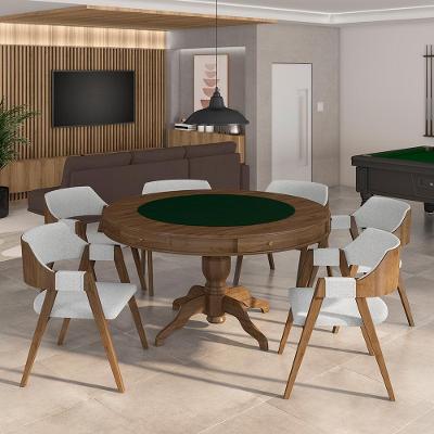 Mesa De Jogos Carteado Bellagio Tampo Reversível Verde E 6 Cadeiras Madeira Poker Base Estrela Linho Cinza/nogueira