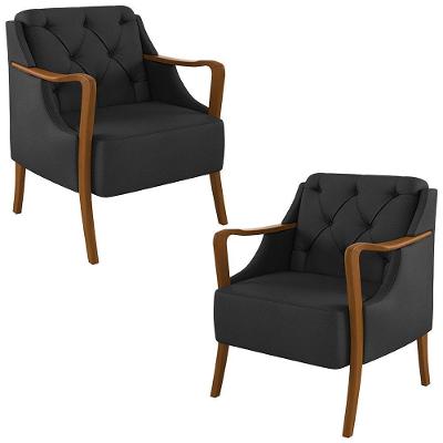 Kit 2 Poltronas Decorativas Braços Em Madeira Hand Pu Preto G45 - Gran Belo