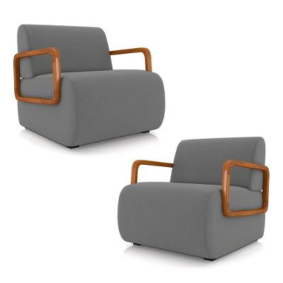 Kit 2 Poltronas Decorativa Sala De Estar Odessa Braços Em Madeira Veludo Cinza G33 - Gran Belo