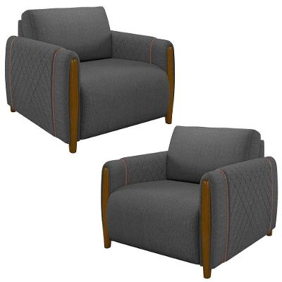 Kit 2 Poltronas Decorativas Pés Madeira Maceió Linho Chumbo G45 - Gran Belo