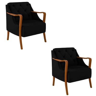 Kit 2 Poltronas Decorativas Braços Em Madeira Hand Veludo Preto G45 - Gran Belo